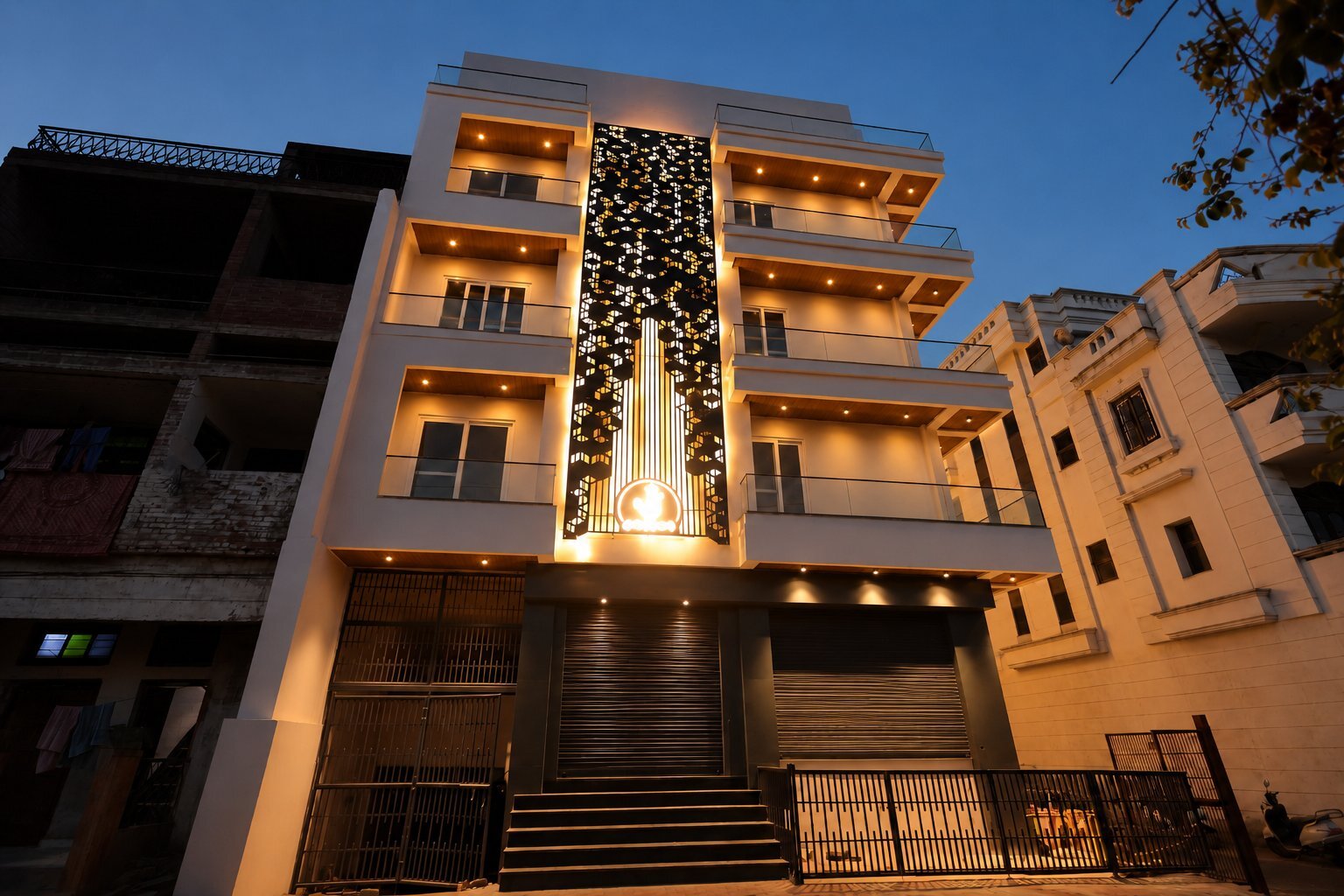 JJ Greens — building front facade with feature lighting